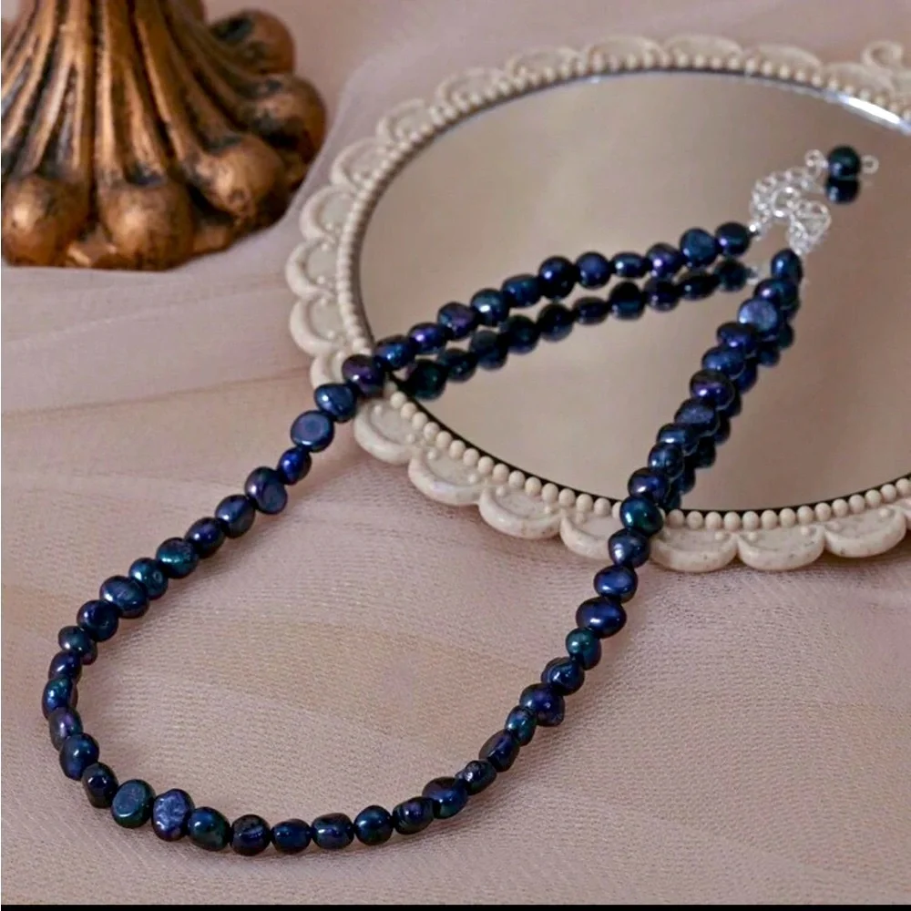 Black Blue Genuine Freshwater Pearl Necklace